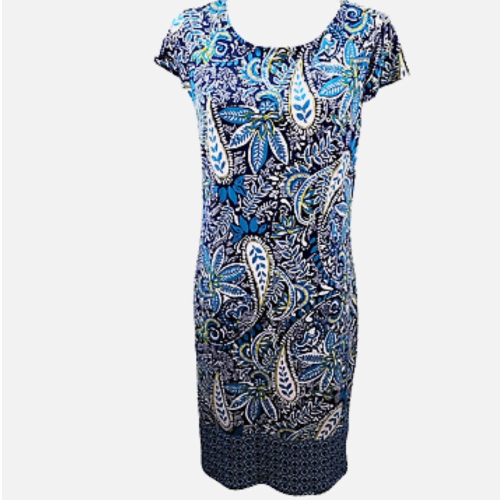 Liz Claiborne Medium Shift Dress Blue Floral Paisley Print Cap Sleeves Stretch
